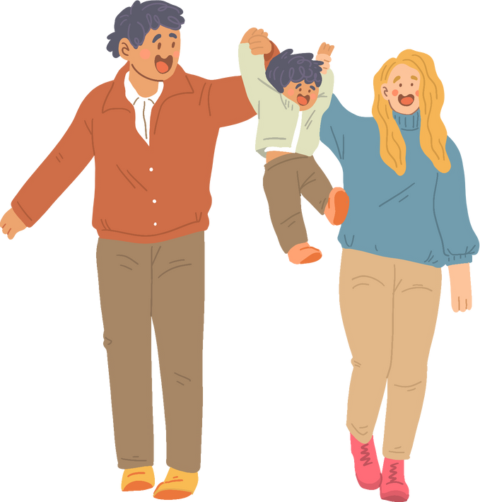 Clean Cartoon Family Walking and Playing